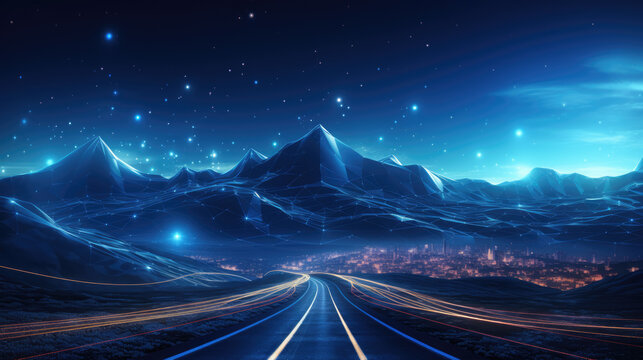 generated illustration of network of highways in cyberspace, connecting digital cities and virtual landscapes