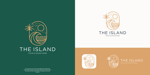 minimalist the island logo of sun beach waves and palm circles line art vector © ulhaq_std