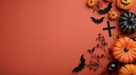 Autumn Pumpkins and Bats on Red Background