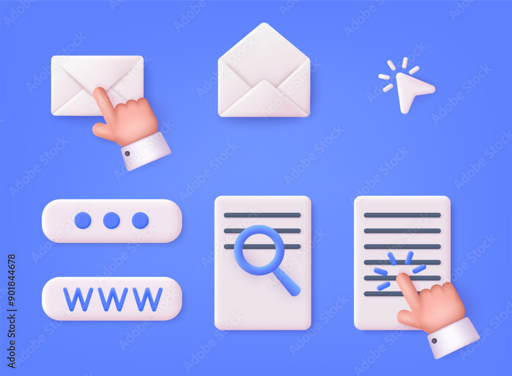 Poster set of 3d hands and pointers clicking on envelope and document. navigation search for web browser. 3