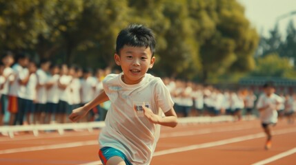 Energetic Schoolboy Running Track Race During Sports Day