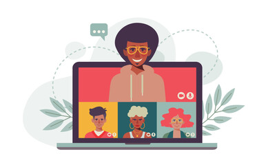 team colleagues video call, meeting zoom. Inclusive people connecting together, learning or meeting online with teleconference. Vector illustration on a white background.