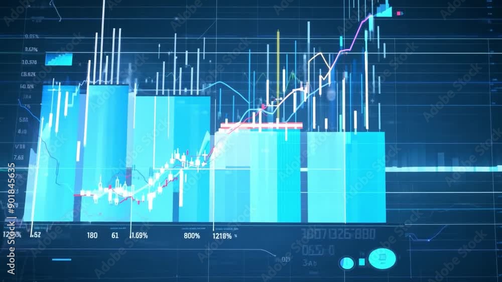 Poster a digital screen displaying a stock market data chart with financial statistics and trends.