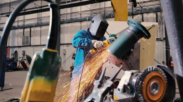 Welder using a grinder tool on industrial pipe 1