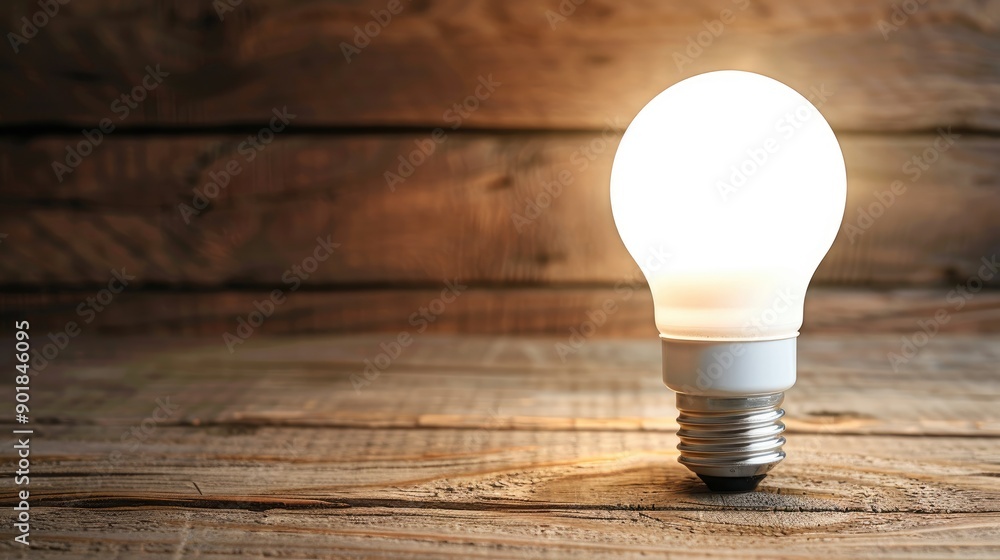 Wall mural led lightbulb with low energy on wood table with space for text