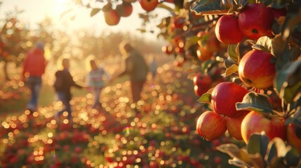 Red apples on a tree branch with blurry background of people in an orchard.