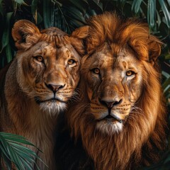 Fototapeta premium Majestic lion and lioness are standing in the jungle with lush green leaves surrounding them