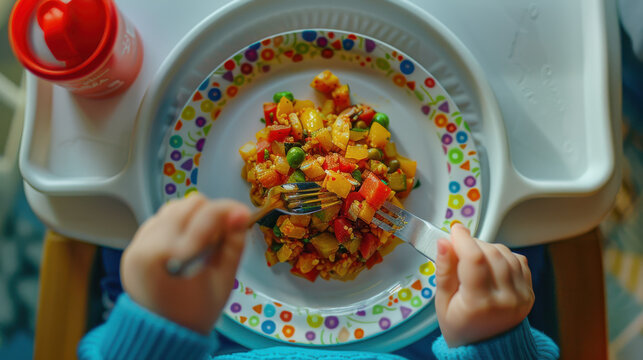 A top-down photograph of a child's meal of mixed vegetables on a white plate with simple design, the chils hands interacting with food, wearing a green sweater. The background includes a white high ch