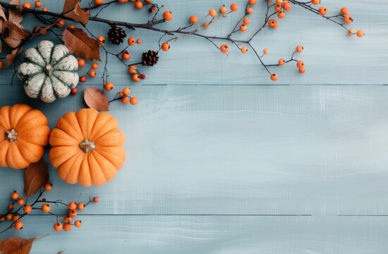 Pumpkins and Berries on Blue Wood