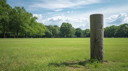Gray post standing alone in a scenic park landscape