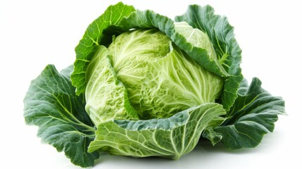 Obraz premium Fresh green cabbage head isolated on a pure white background