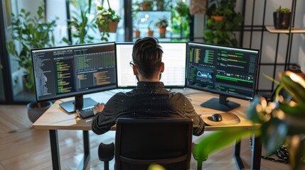 DevOps Engineer Managing CI/CD Pipeline in Cutting-Edge Office Environment with Multiple Monitors
