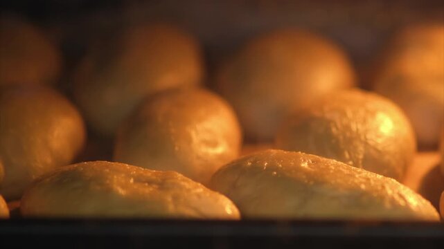 Bread rolls baking in the oven. Close-up shot of freshly baked bread. Food preparation and bakery concept, timelapse
