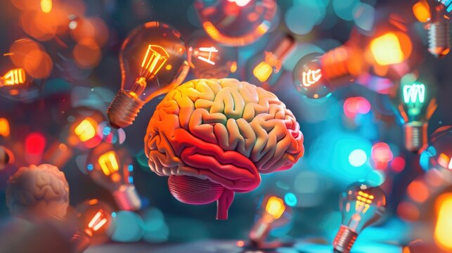 An illustration of a brain surrounded by light bulbs