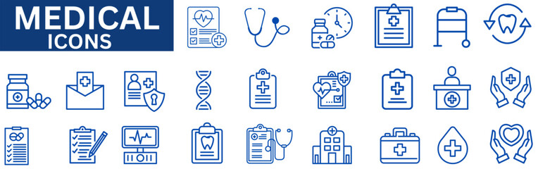 Medical icon set. Containing doctor, medicine, hospital, treatment, healthcare. Solid vector icons collection.