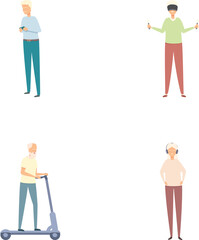 Aged people icons set cartoon vector. Modern grandparent actively spends time. Longevity concept