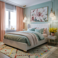 Mid-century, art deco style interior design of bedroom.