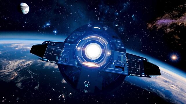 Futuristic alien spaceship UFO flying in an infinite universe in the sky among the stars.