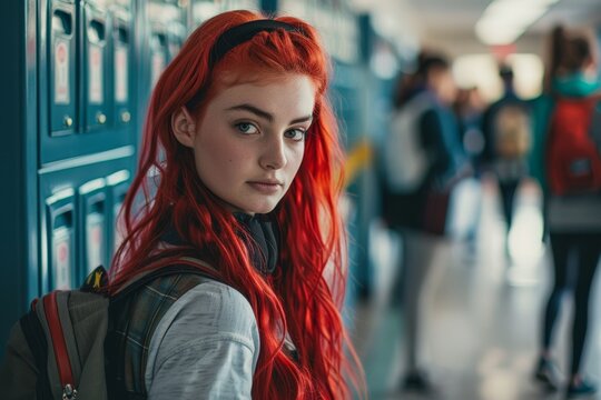 Trendy Schoolgirl with Bright Red Hair Standing Confidently in a School Hallway