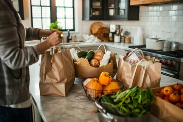 Modern Kitchen with Black Friday Grocery Deals Unpacking and Fresh Produce Organization