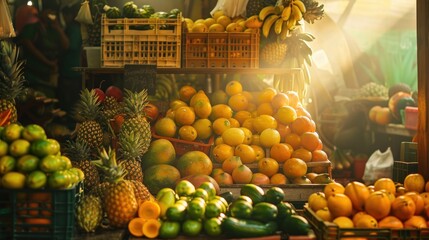 A vibrant display of fresh fruit at a market, bathed in the warm glow of sunlight.