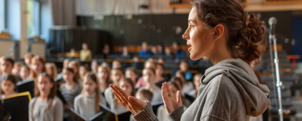 School Choir Concert with Passionate Students and Energetic Music Teacher Conducting in Auditorium