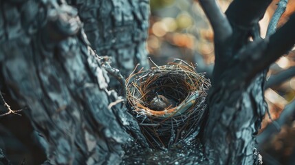 Abandoned bird s nest on tree trunk dry and padded