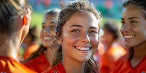 Fototapeta premium A jubilant and energetic female soccer player, moments after scoring a game-winning goal during a critical match.generative ai