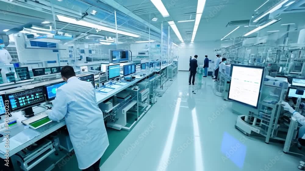 Poster a clean room laboratory with multiple workers wearing lab coats and face masks, working on computers