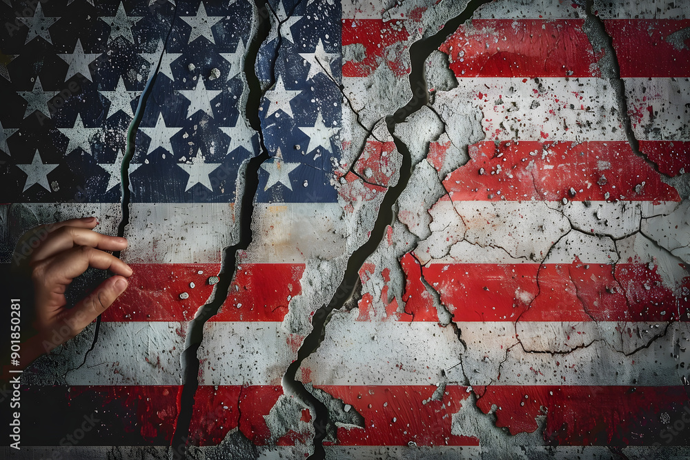 Poster American flag painted on concrete wall. USA flag on cracked wall