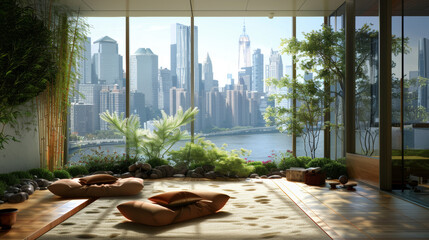 A meditation space in an urban environment can be a rooftop garden or a quiet room with large windows overlooking the city skyline, offering a sanctuary from the bustling surroundings.