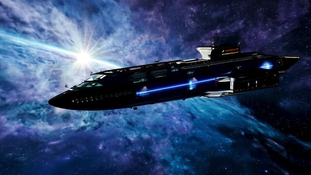 Futuristic alien spaceship UFO flying in an infinite universe in the sky among the stars.