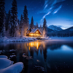 Fototapeta premium Winter cabin frozen mountain lake