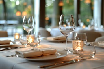 Elegant table setting with candles in restaurant. Selective focus. Romantic dinner setting with candles on table in restaurant.

