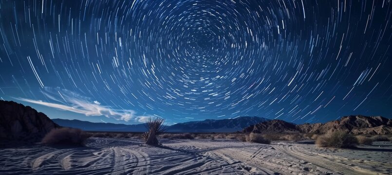 Stunning Desert Night Sky Star Trails Highlighting Earth's Rotation