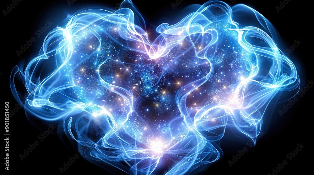 Poster an image of a heart composed of blue and white swirls and stars centered within the frame