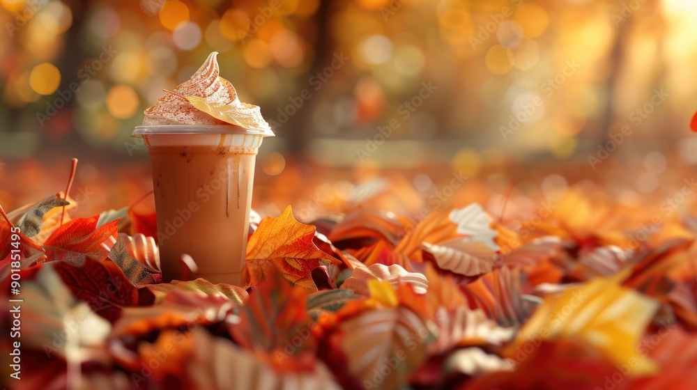 Wall mural A cup of fall-inspired drink with whipped cream and a leaf, nestled in a bed of autumn leaves.