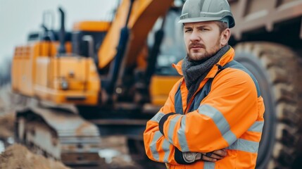 A man in an orange safety jacket stands in front of a large construction vehicle