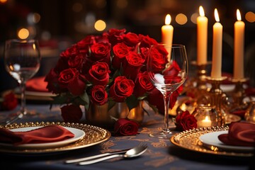 Elegant table setting with candles in restaurant. Selective focus. Romantic dinner setting with candles on table in restaurant.
