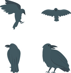 Crow icons set cartoon vector. Cute cartoon black crow. Bird, animal