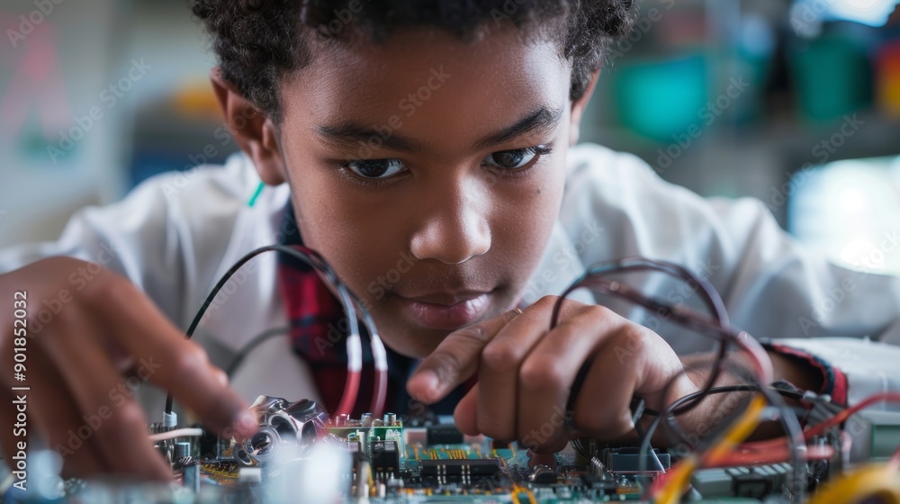 Poster curious schoolboy engaging in hands-on science experiment building a circuit board