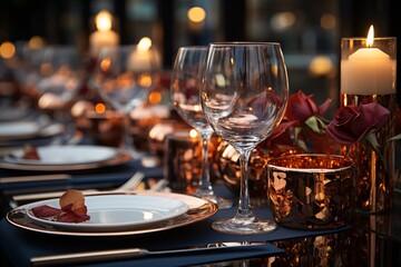 Fototapeta premium Elegant table setting with candles in restaurant. Selective focus. Romantic dinner setting with candles on table in restaurant. 