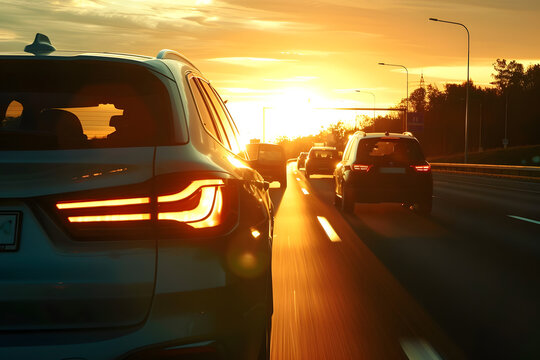 Enhanced driving assistance - a car using advanced driving assistance technology on the highway, keeping a safe distance from the vehicle in front. The ambient light highlights the silhouette