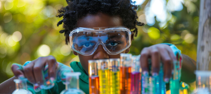 Afro American Schoolboy Conducting Fun Outdoor Science Experiment with Bubbling Test Tubes - Powered by Adobe