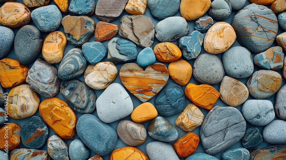 Poster close-up of multicolored rocks stacked on top of each other, with smaller rocks on the opposite side