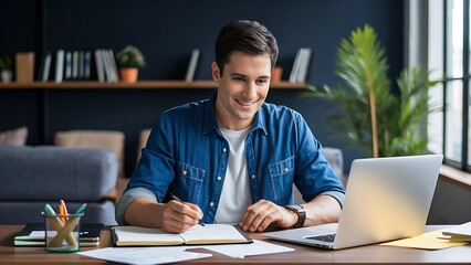Portrait of a young business man in casual clothes working on a laptop computer at office or at home and writing at the desk making notes or calculations. Remote and freelance work concept.