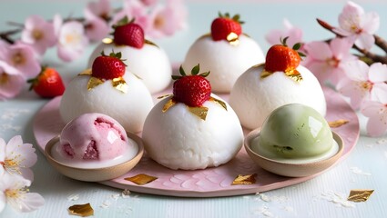 Japanese ice cream Mochi in rice dough. Traditional Japanese dessert on a light background. Selective focus