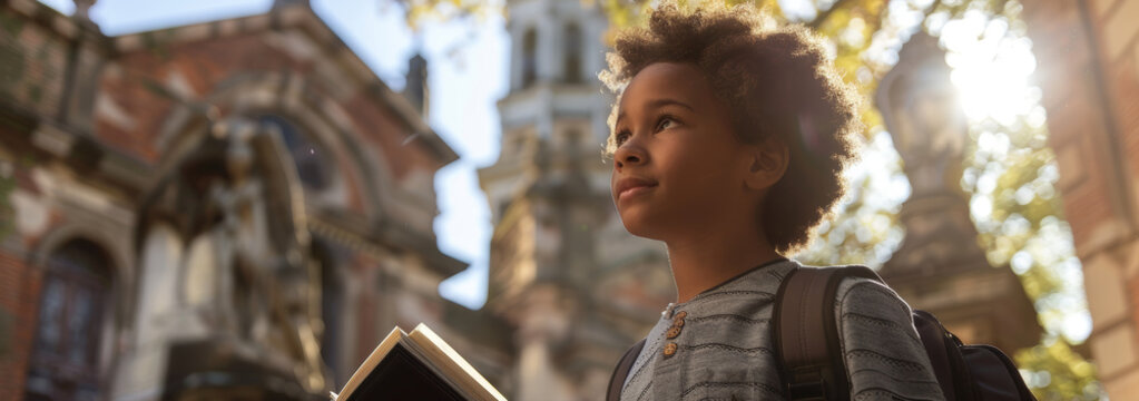 Curious Schoolboy Exploring Historical Site on Educational Field Trip, Listening to Guide with Interest