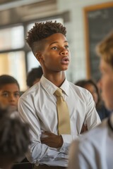 Obraz premium Confident Schoolboy Leading Classroom Debate, Engaging Peers in Educational Discussion