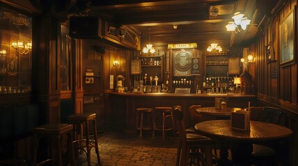 Classic bar scene with a traditional pub interior, showcasing wooden paneling, vintage decor, and a warm, inviting ambiance